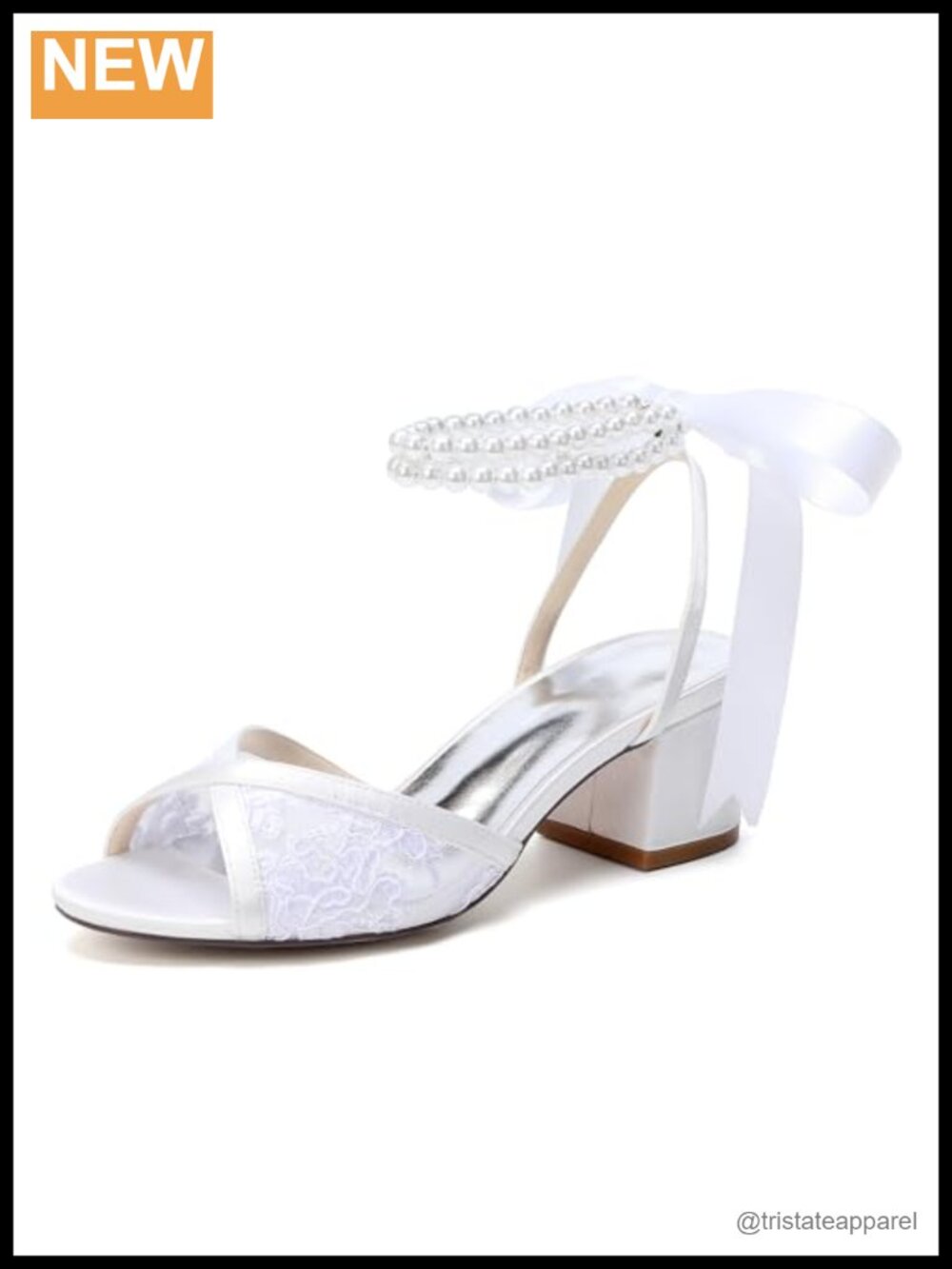 Lace Wedding Sandals Pearl Ankle Strap Block Heel Bridal Shoes
